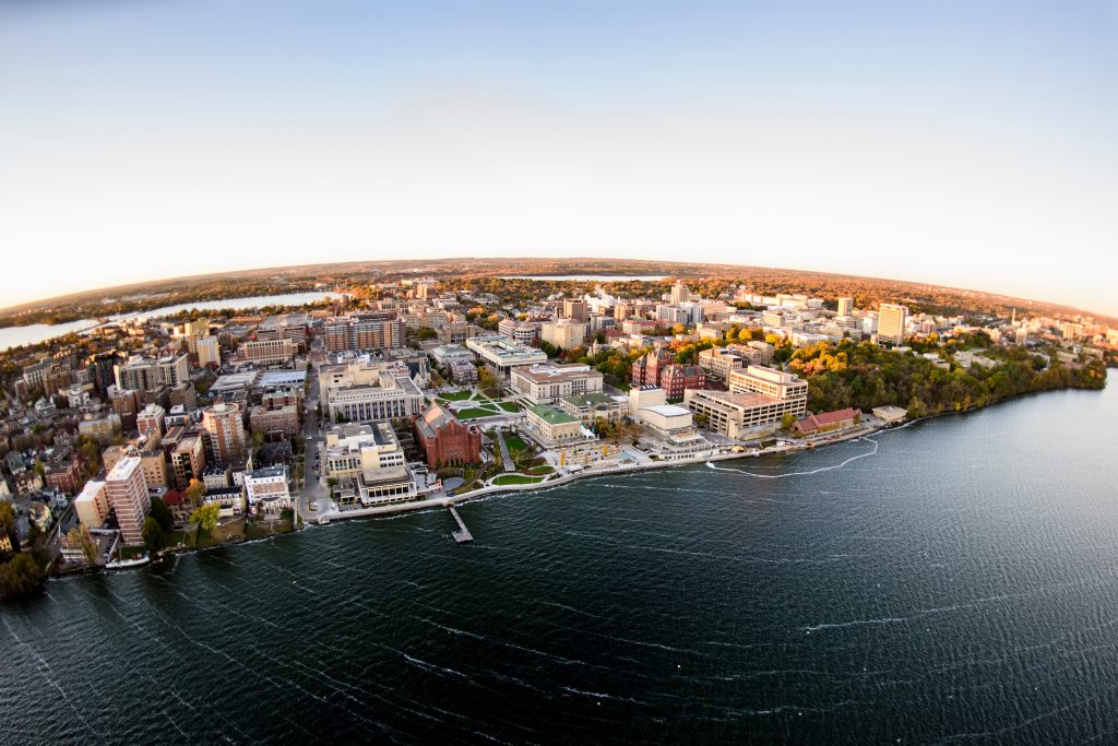 An aerial view of the UW-Madison campus taken over Lake Mendota looking south