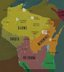 A map of Wisconsin showing the locations of indigenous ancestral lands
