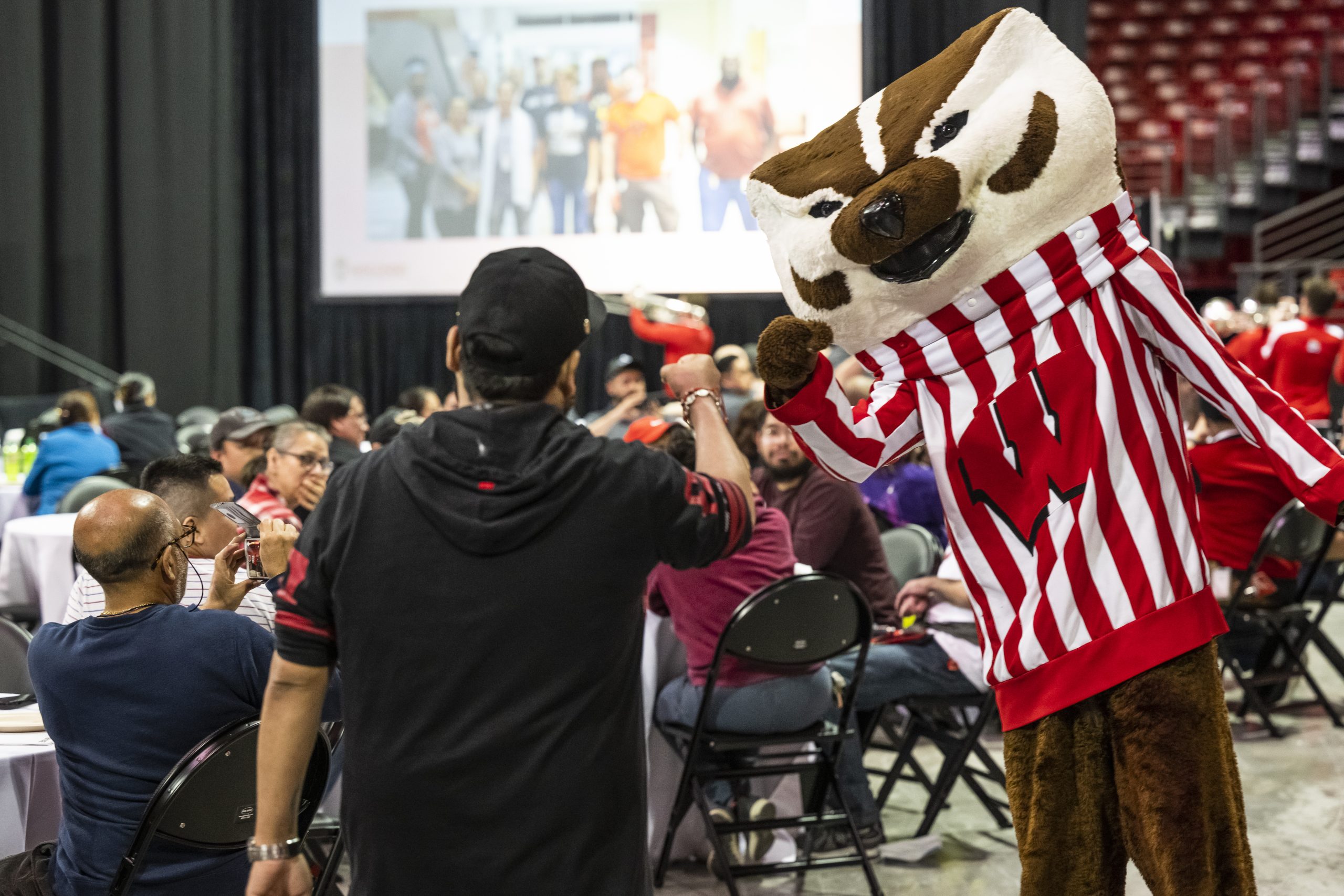 Bucky Badger giving a fist bump to a person in a crowd