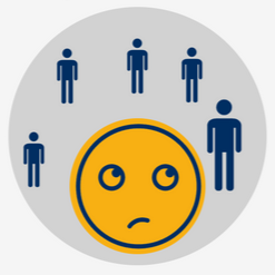 A drawing of a skeptical face surrounded by drawings of people