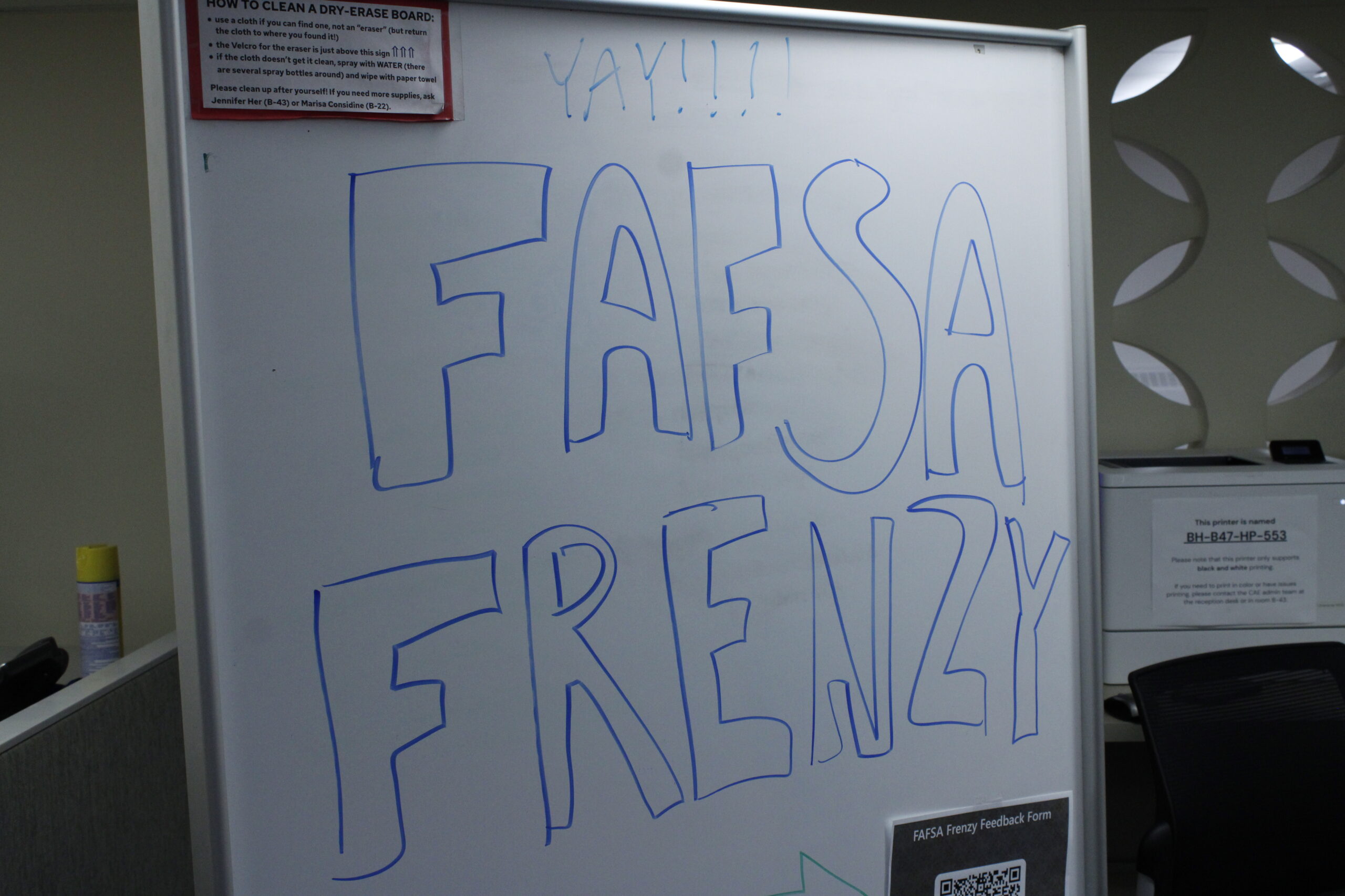 FAFSA Frenzy written on a white board.